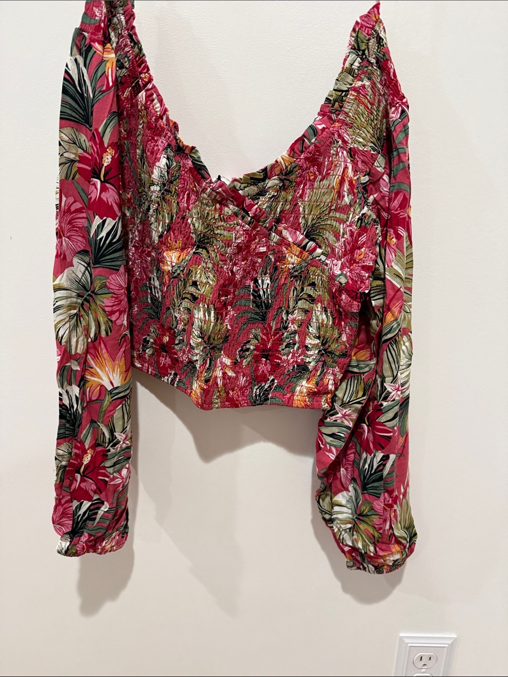 Vici Magenta Tropical Smocked V-Neck Long Sleeve Crop Blouse